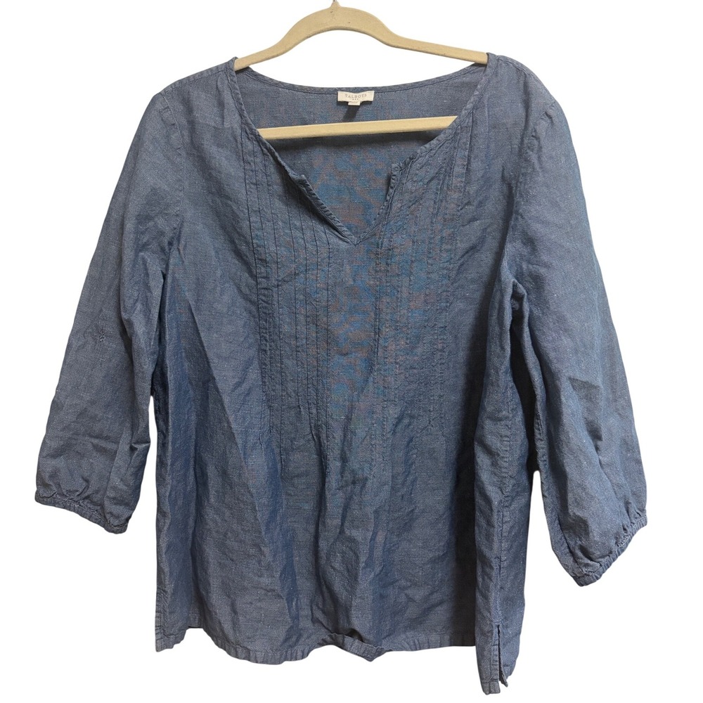 Talbots Pintuck V-Neck Coastal Denim Blue Blouse 3/4 Sleeve Linen Blend Large